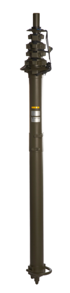 EX collapsible telescopic mast in fully stowed transport position with retracted sections and integrated carry handle, shown on a black background.