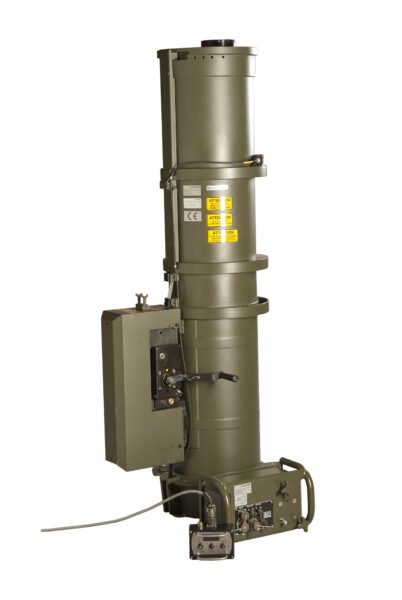 EXB heavy-payload telescopic mast in stowed position with side-mounted manual crank handle and Cobham/Mastsystem electric control unit, shown on a white background.