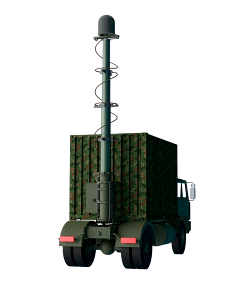 SkyHigh tactical telescopic mast deployed on a camouflaged military truck with antenna payload, configured for mobile C4ISR and battlefield communications.