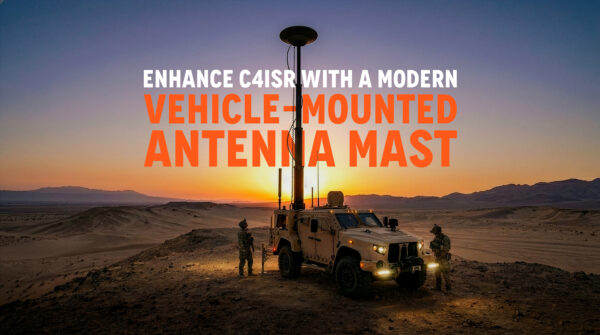 Modern tactical armored vehicle in a desert environment equipped with a composite telescopic mast to enhance C4ISR capabilities at sunset.
