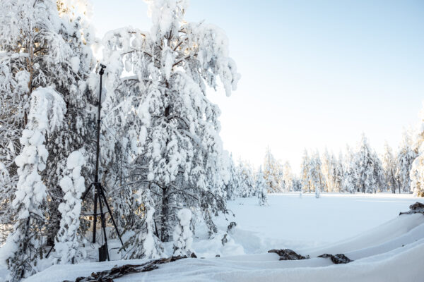 A wider landscape view of the base, where a Mastsystem tactical mast system stands next to a camouflaged position at the edge of a dense, snowy forest.