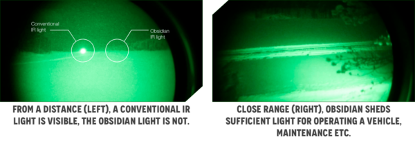 Left side: Night vision view showing a side-by-side comparison from a distance, where a conventional IR light is clearly visible as a bright flare, while the Obsidian IR light remains completely undetectable Right side: Night vision view at close range demonstrating that the Obsidian IR light provides clear, effective illumination on the snowy ground, shedding sufficient light for tasks such as operating a vehicle or performing maintenance.