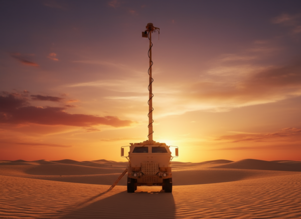 EXB vehicle-mounted telescopic mast deployed at full height on a tactical vehicle at sunset